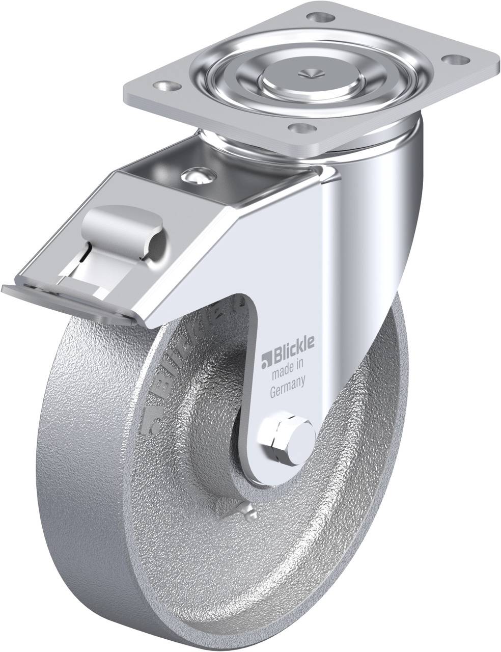 Rolle aus Metall mit schwenkbarem Gelenk, markiert mit 'Blickle made in Germany', vor weißem Hintergrund.