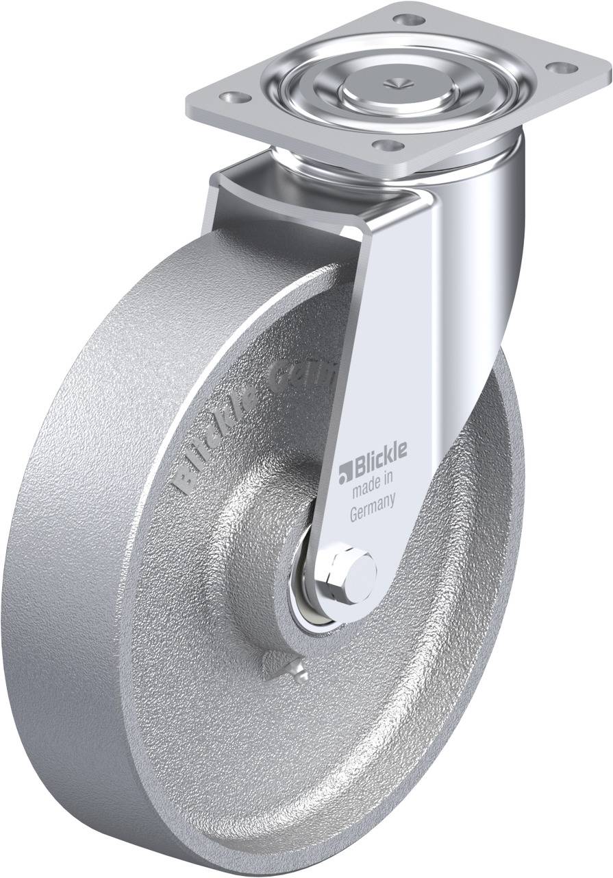 Schwenkrolle aus Metall mit grauem Rad und glänzendem Gehäuse, auf dem 'Blickle made in Germany' steht. Geeignet für schwere Lasten.