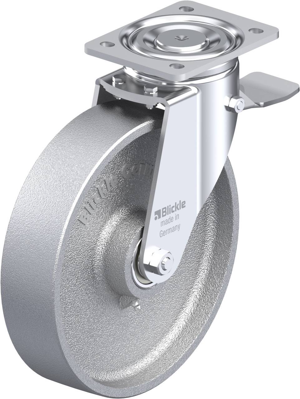 Industrie-Lenkrolle aus Metall mit grauer Oberfläche, rechteckiger Halterung und einem 'Blickle made in Germany'-Logo.