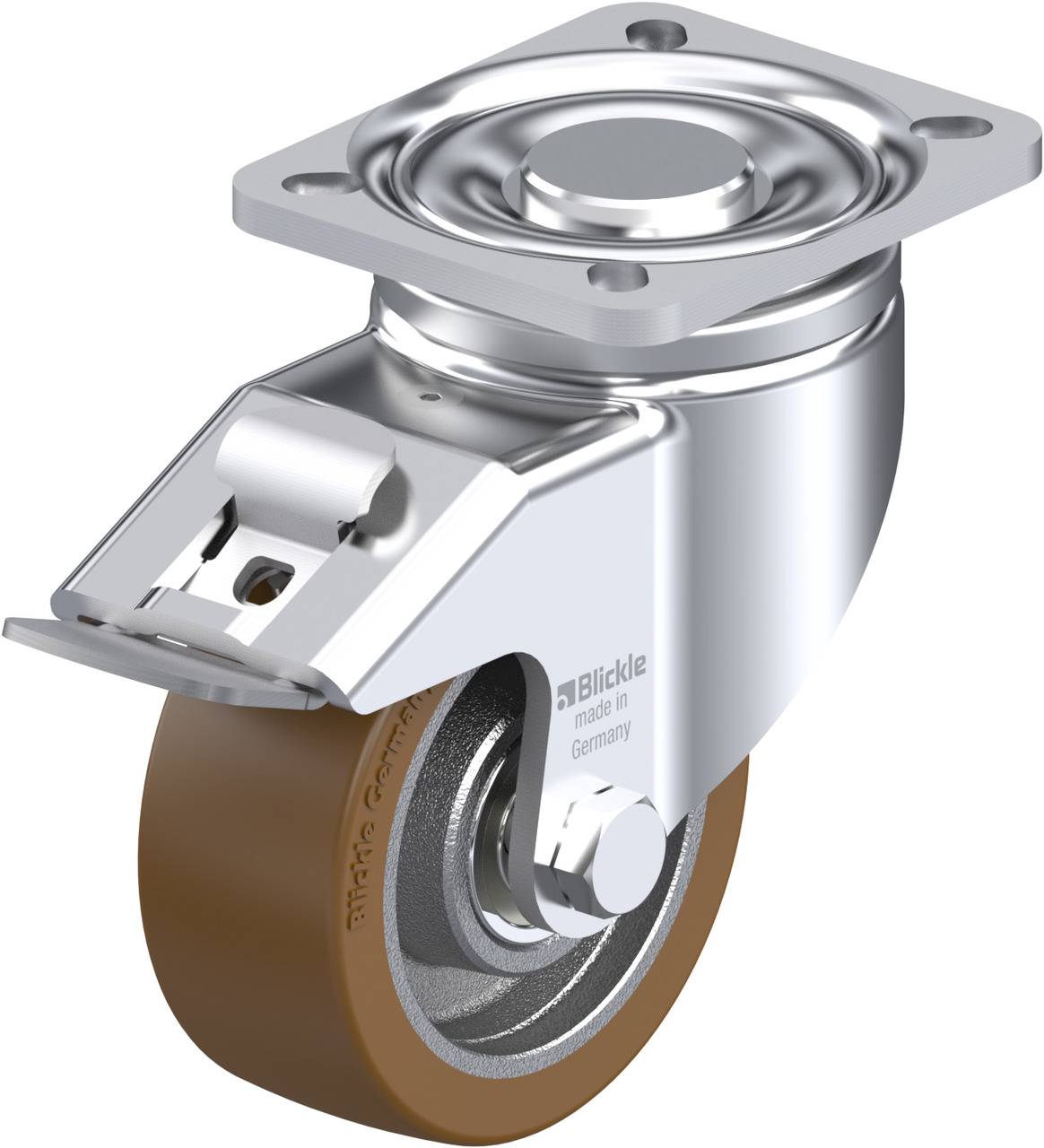 Metallisches Lenkrollenrad mit braunem Gummi und Montageschild, geeignet für industrielle Anwendungen.