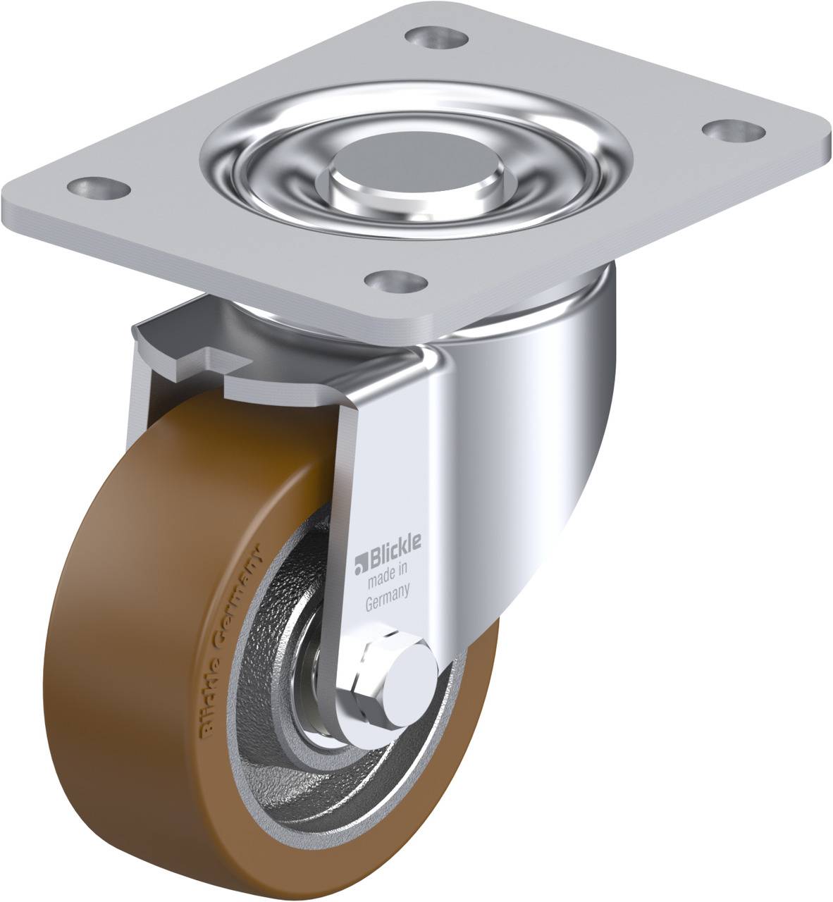 Metallrolle mit braunem Polyurethanrad und Befestigungsplatte. Marke 'Blickle'. Geeignet für den industriellen Einsatz.