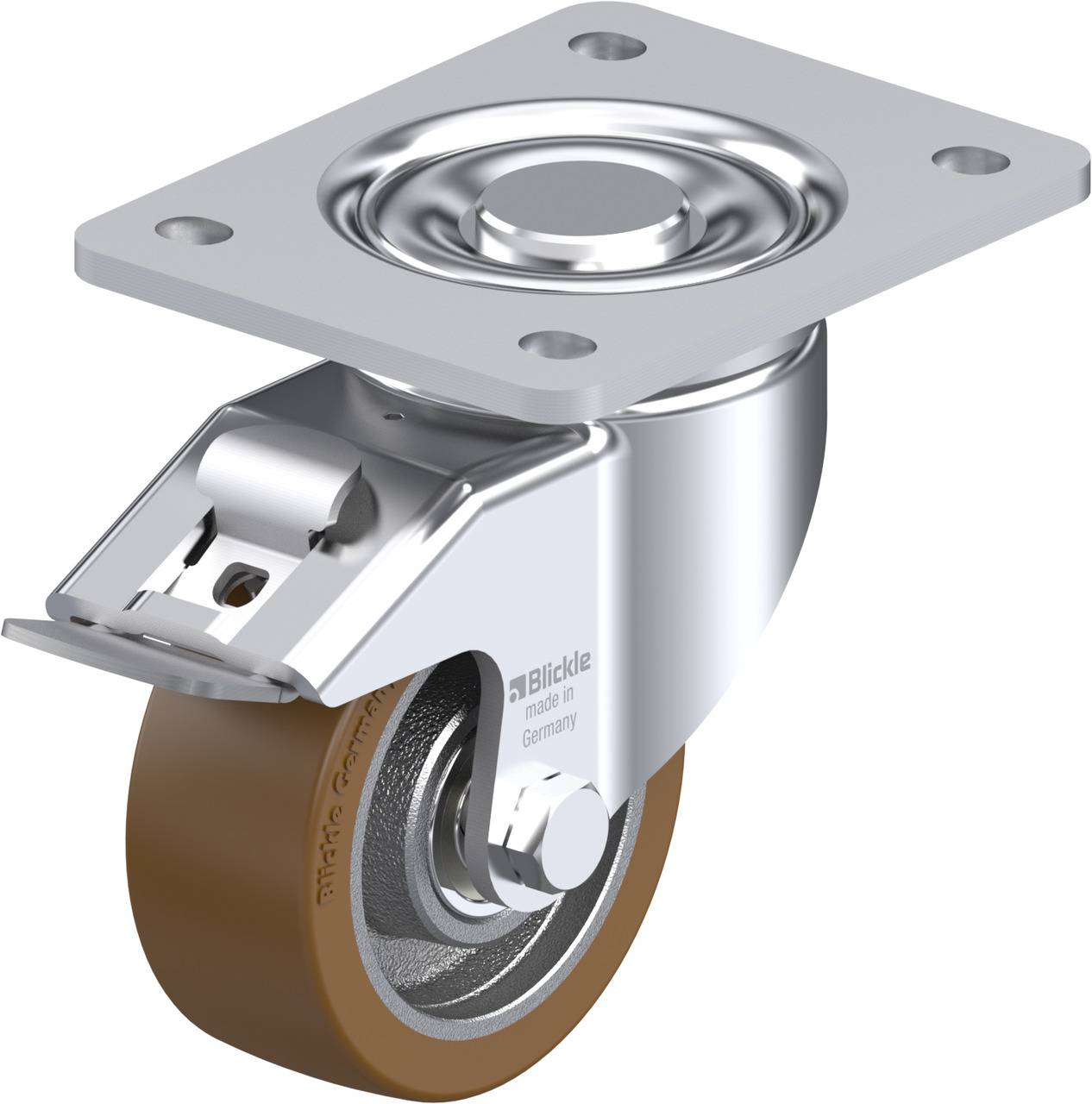 Schwenkrolle aus Metall mit braunem Gummirad und rechteckiger Befestigungsplatte, für industrielle Anwendungen.