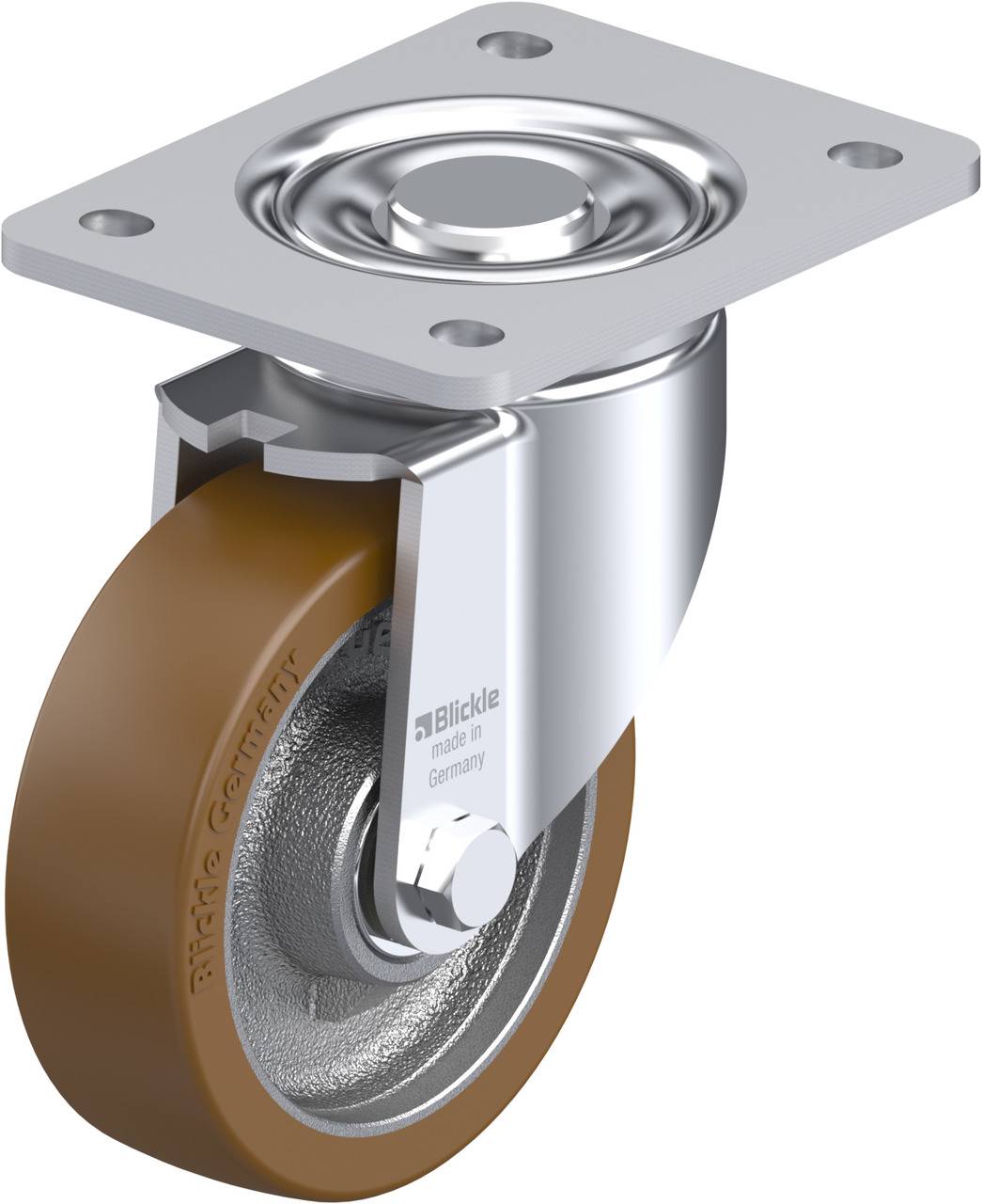 Ein schwenkbares Metallrad mit braunem Gummireifen und Befestigungsplatte. Verwendet zur Mobilität von Möbeln oder Geräten.