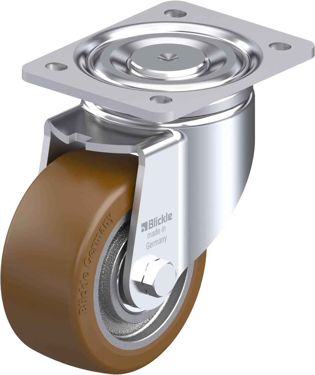 Schwenkrolle mit braunem Rad in Halterung aus Metall, geeignet für Möbel oder Geräte, mit einem Drehgelenk für leichte Beweglichkeit.