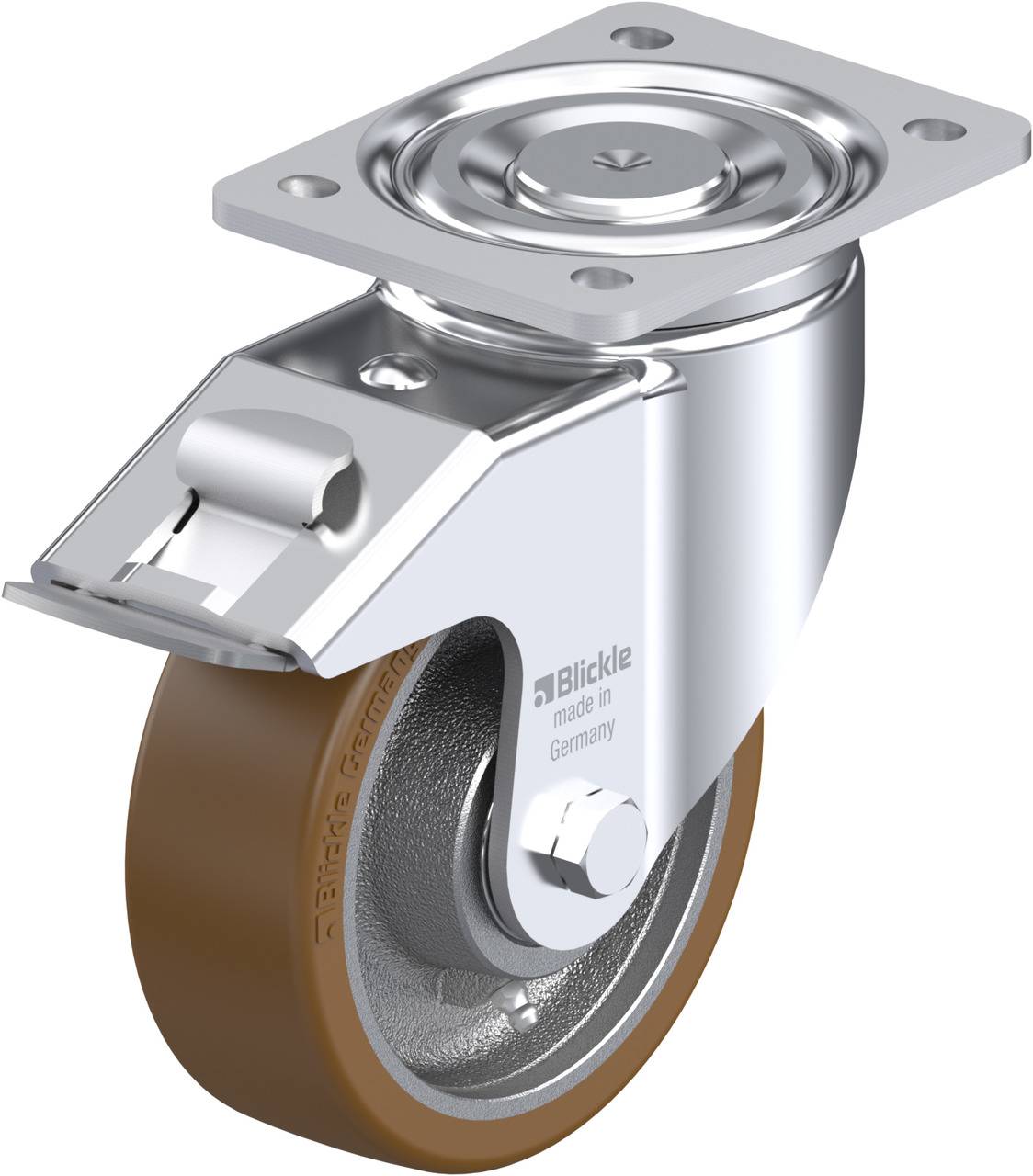 Industrie-Schwenkrolle aus Metall, mit braunem Rad und Montageplatte. Geeignet für schwere Lasten in gewerblichen Anwendungen.