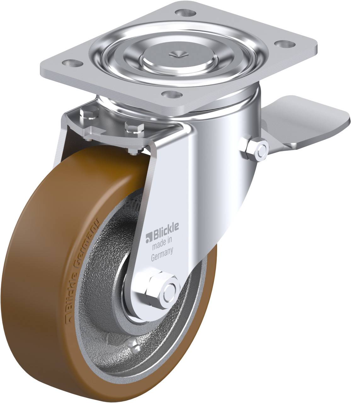 Eine drehbare Rollenachse aus Metall mit einer braunen Gummibereifung, geeignet für Industrieanwendungen.