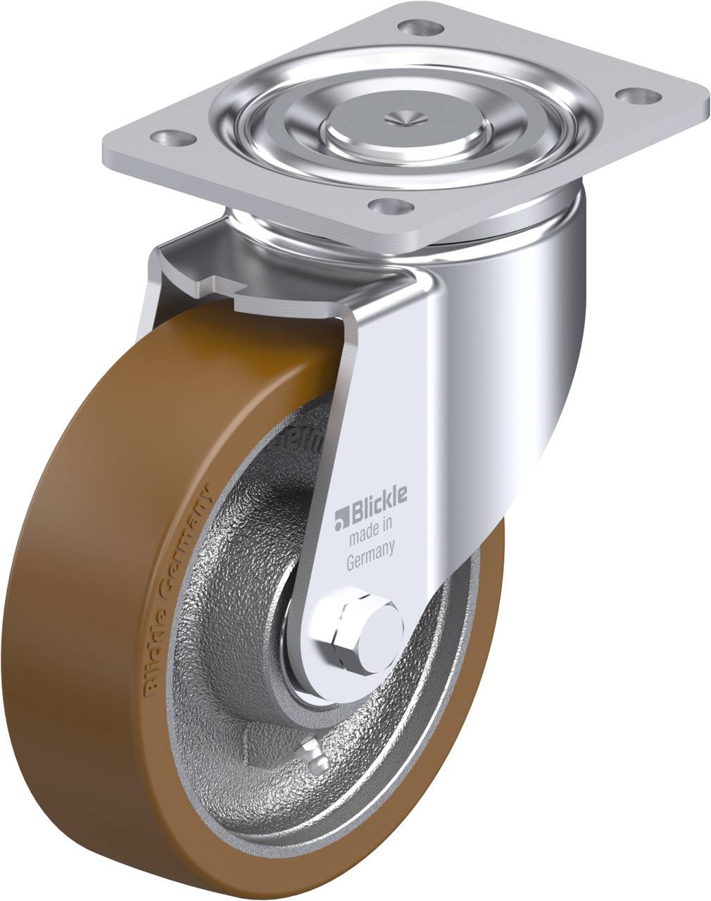 Bild eines Dreh-Lenkrollers mit braunem Rad und silbernem Gehäuse. Oben eine quadratische Metallplatte zur Befestigung.