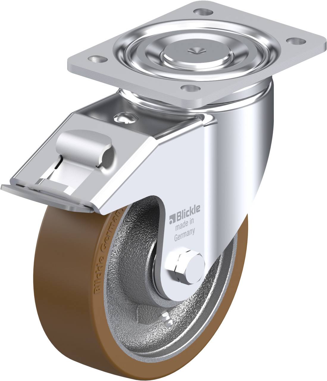 Metallenes Lenkrollenrad mit braunem Gummi, montiert auf einer Edelstahlplatte. Markierung: 'made in Germany'.