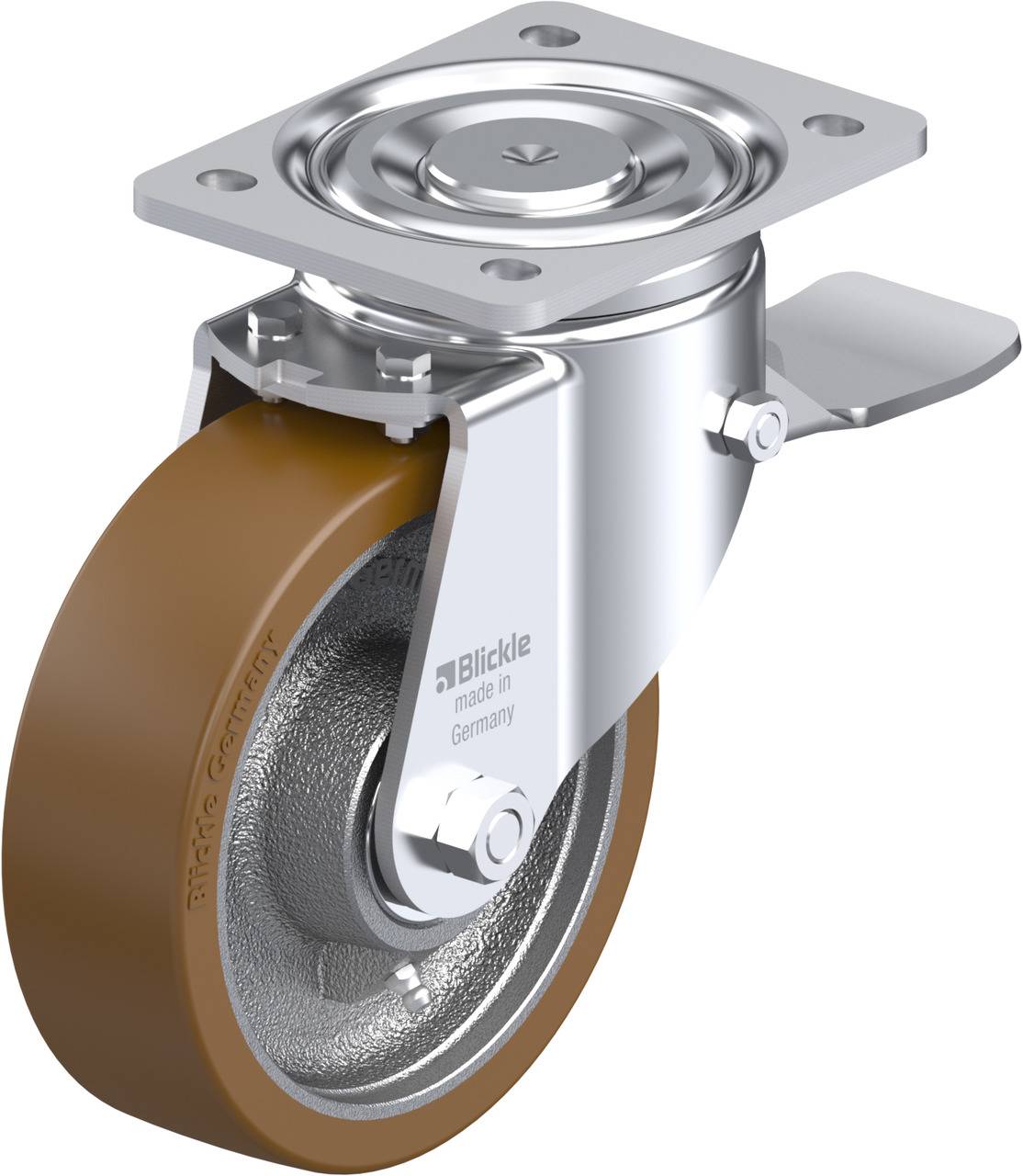 Industrie-Lenkrolle mit braunem Rad und silbernem Metallgehäuse, Aufdruck 'Blickle made in Germany'. Geeignet für schwere Lasten.