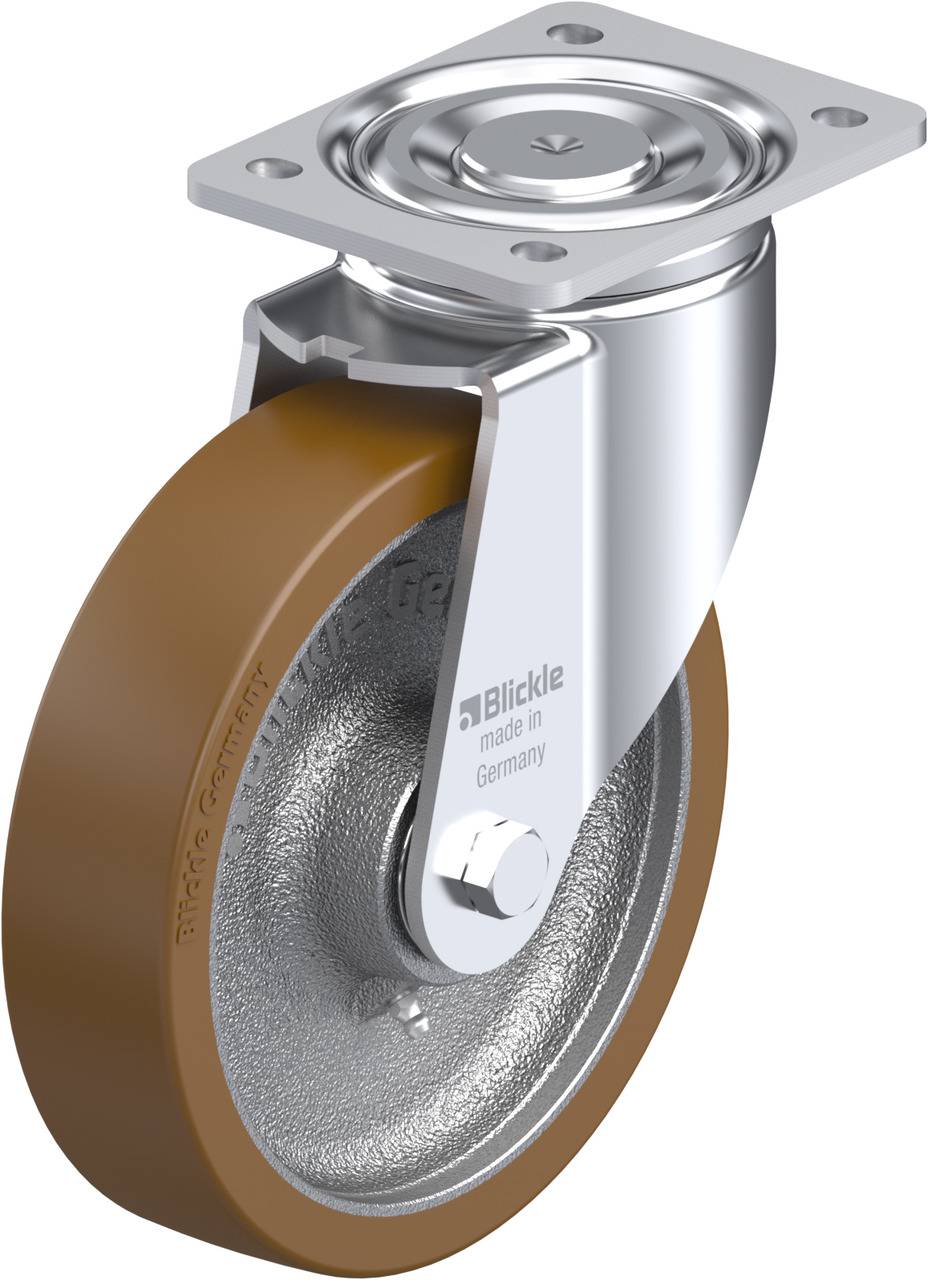 Lenkrolle mit braunem Rad und Metallgehäuse, hergestellt in Deutschland, geeignet für schwere Lasten.