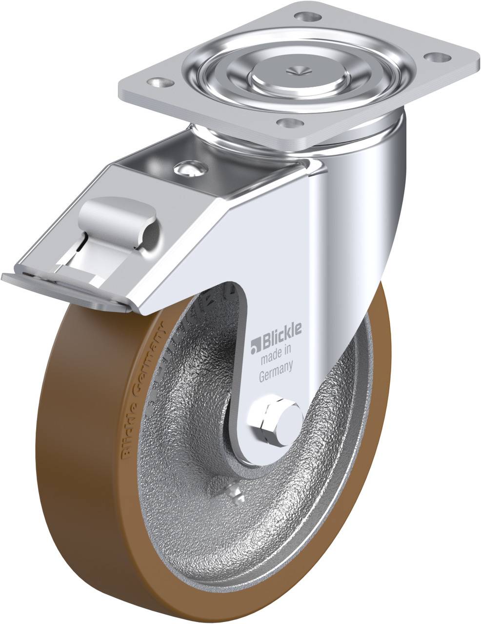 Schwenkrolle aus Metall mit braunem Rad, geeignet für industrielle Anwendungen, hergestellt in Deutschland.