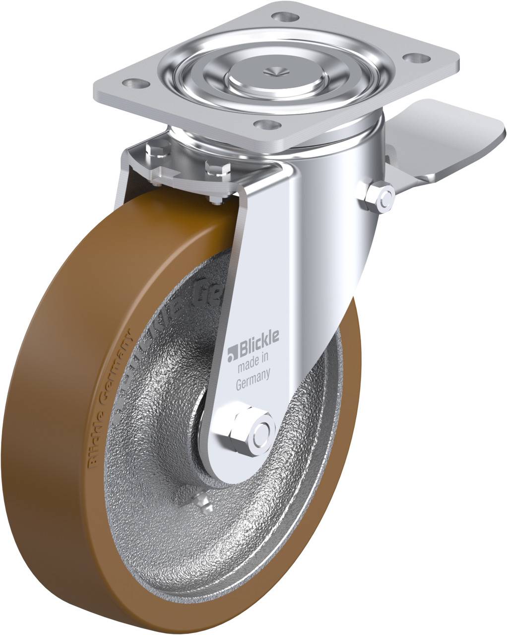 Industrie-Lenkrolle mit braunem Rad, metallischer Halterung und Bremse. Aufdruck 'Blickle made in Germany'. Geeignet für schwere Lasten.