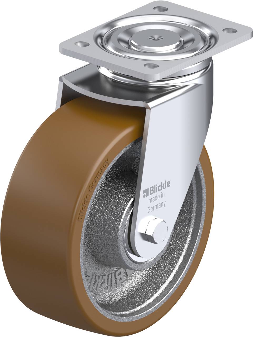 Schwenkrolle mit braunem Rad, silbernem Halter und Markennamen 'Blickle' auf der Seite.