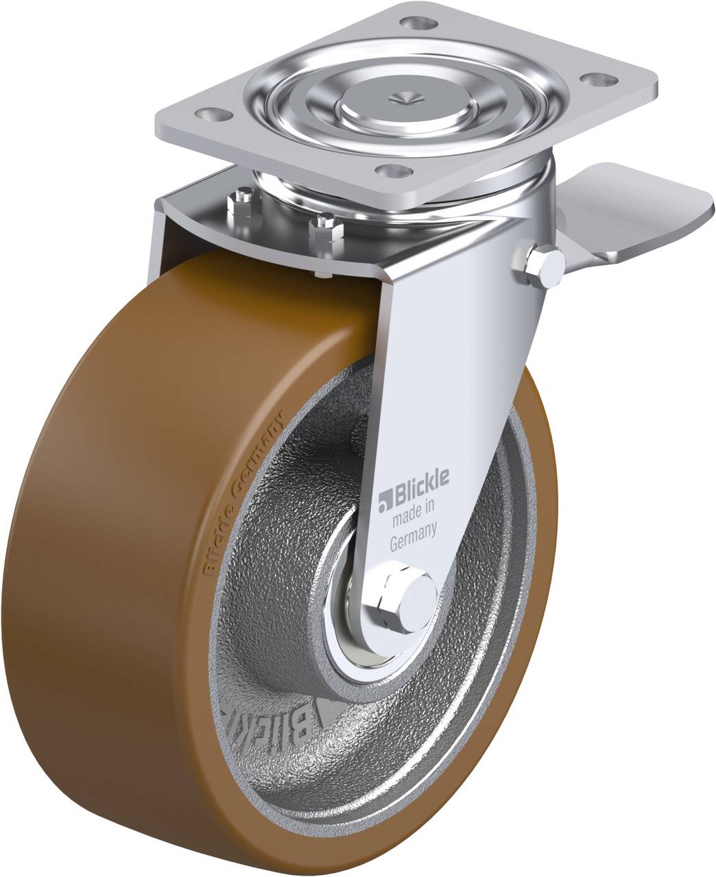 Drehlaufrolle von Blickle, mit braunem Rad und Metallgehäuse, Made in Germany