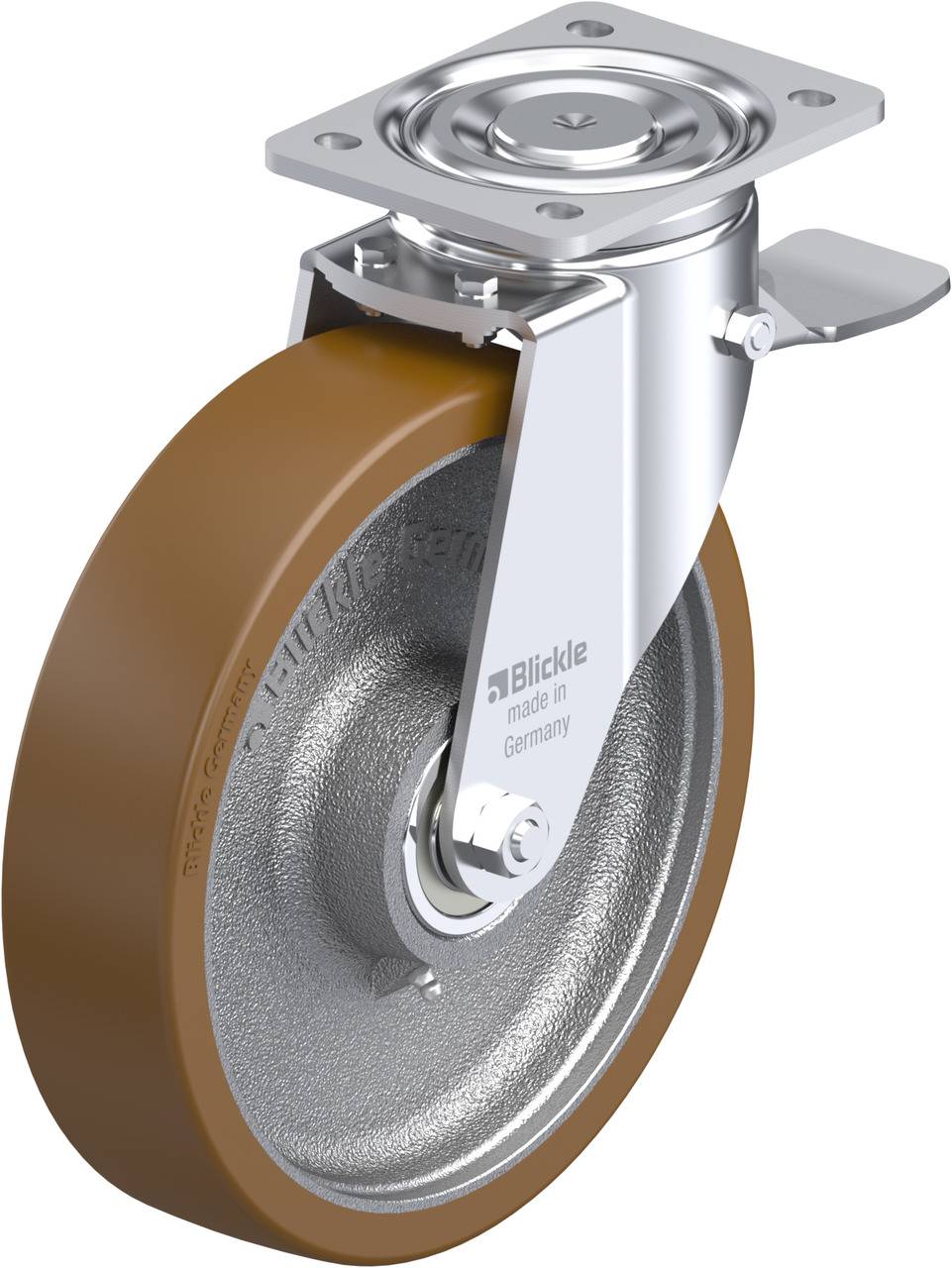 Industrie-Schwenkrolle mit braunem Rad und Metallhalterung, seitlich angebracht. Geeignet für schwere Lasten, robust und langlebig.
