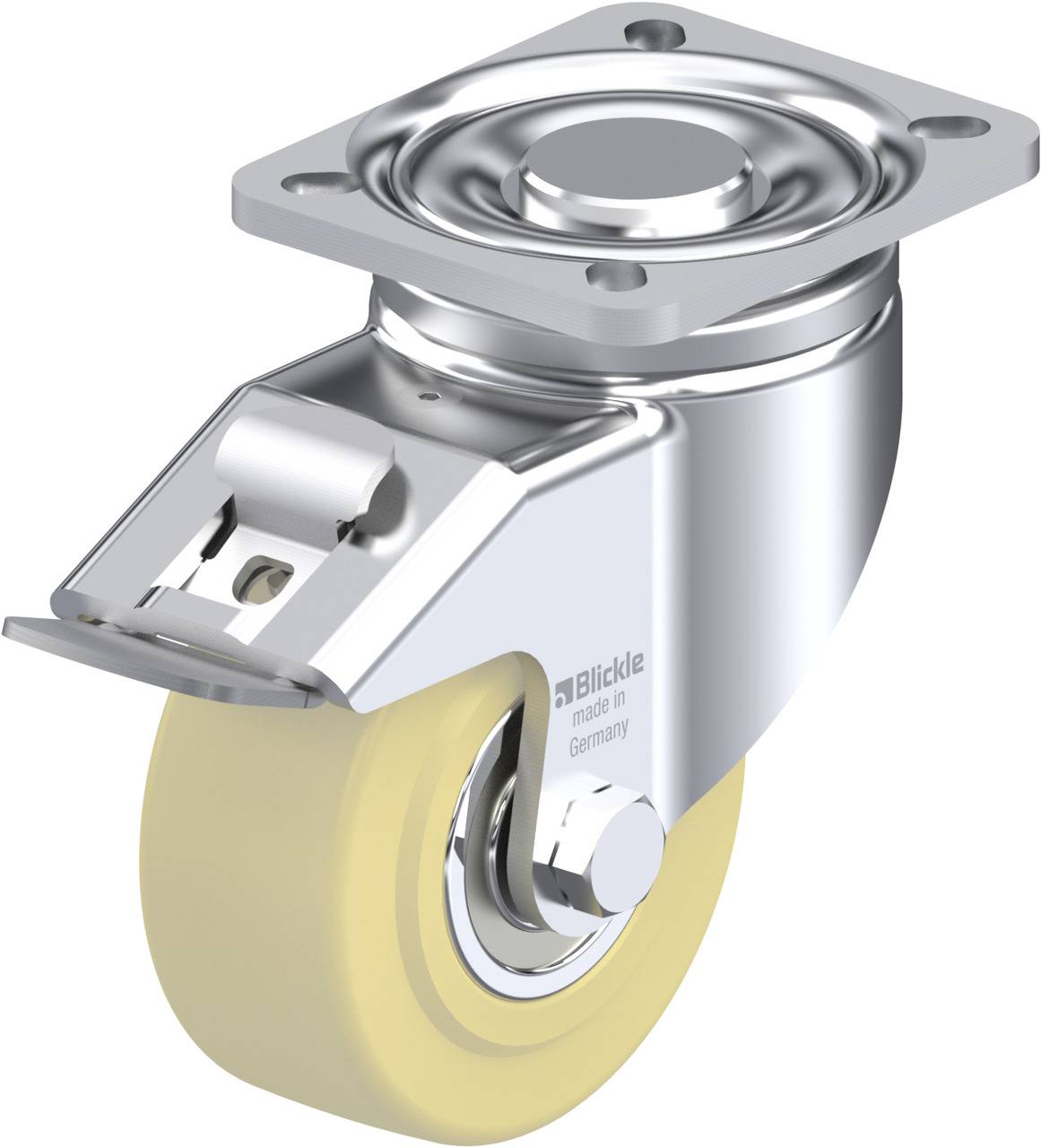 Rollenbremse mit beige Gummirad und rechteckiger Metallplatte. Ideal zur Befestigung an Möbeln oder Geräten für einfache Mobilität.