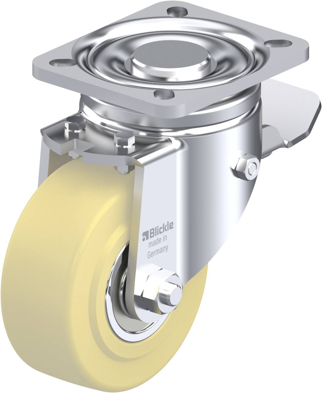 Schwenkrolle mit gelbem Rad und silbernem Metallgehäuse, geeignet für schwere Lasten. Marke 'Blickle', hergestellt in Deutschland.