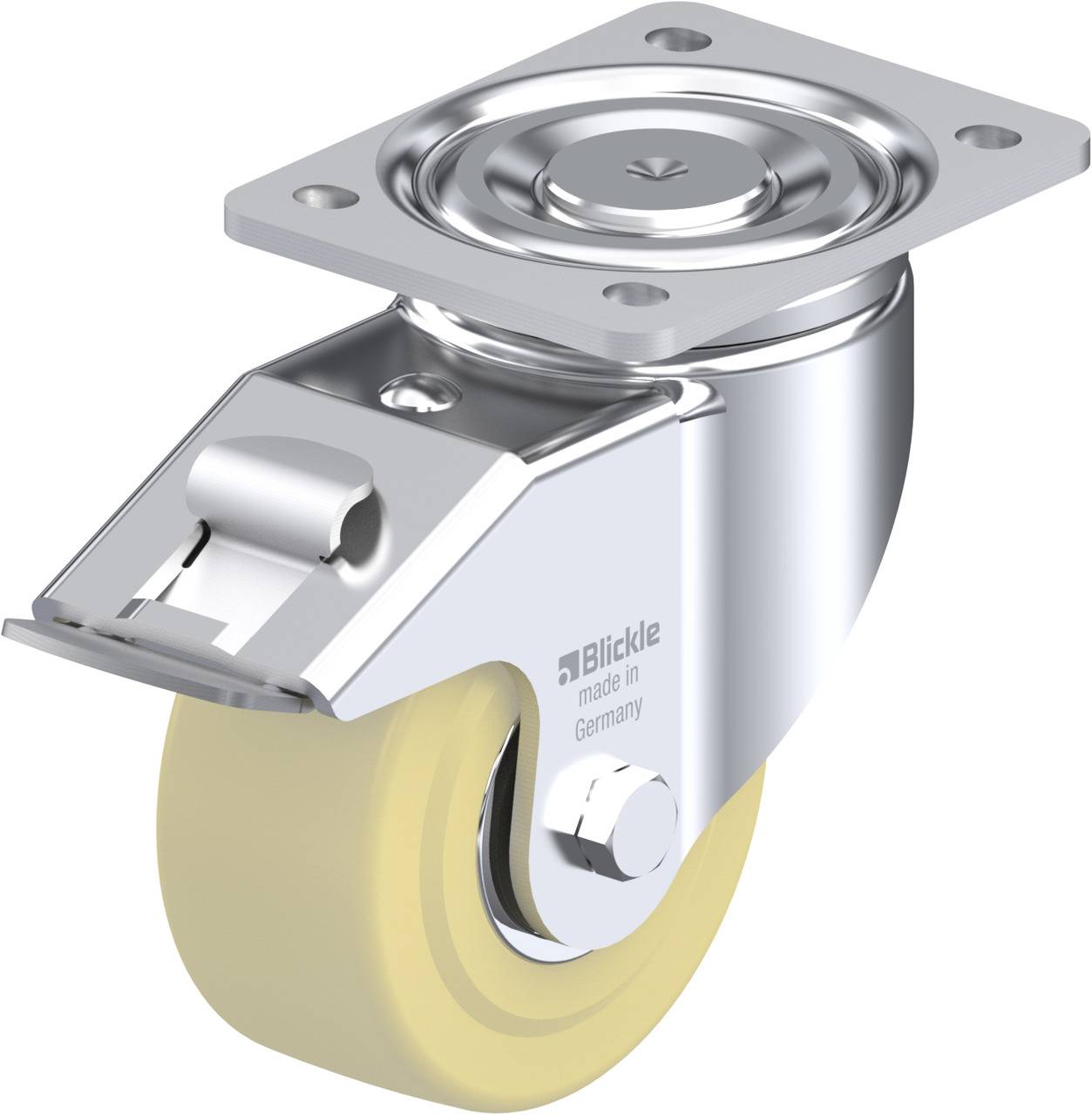 Schwenkrolle aus Metall mit gelbem Rad und Montageplatte. Aufschrift zeigt 'Blickle made in Germany'.