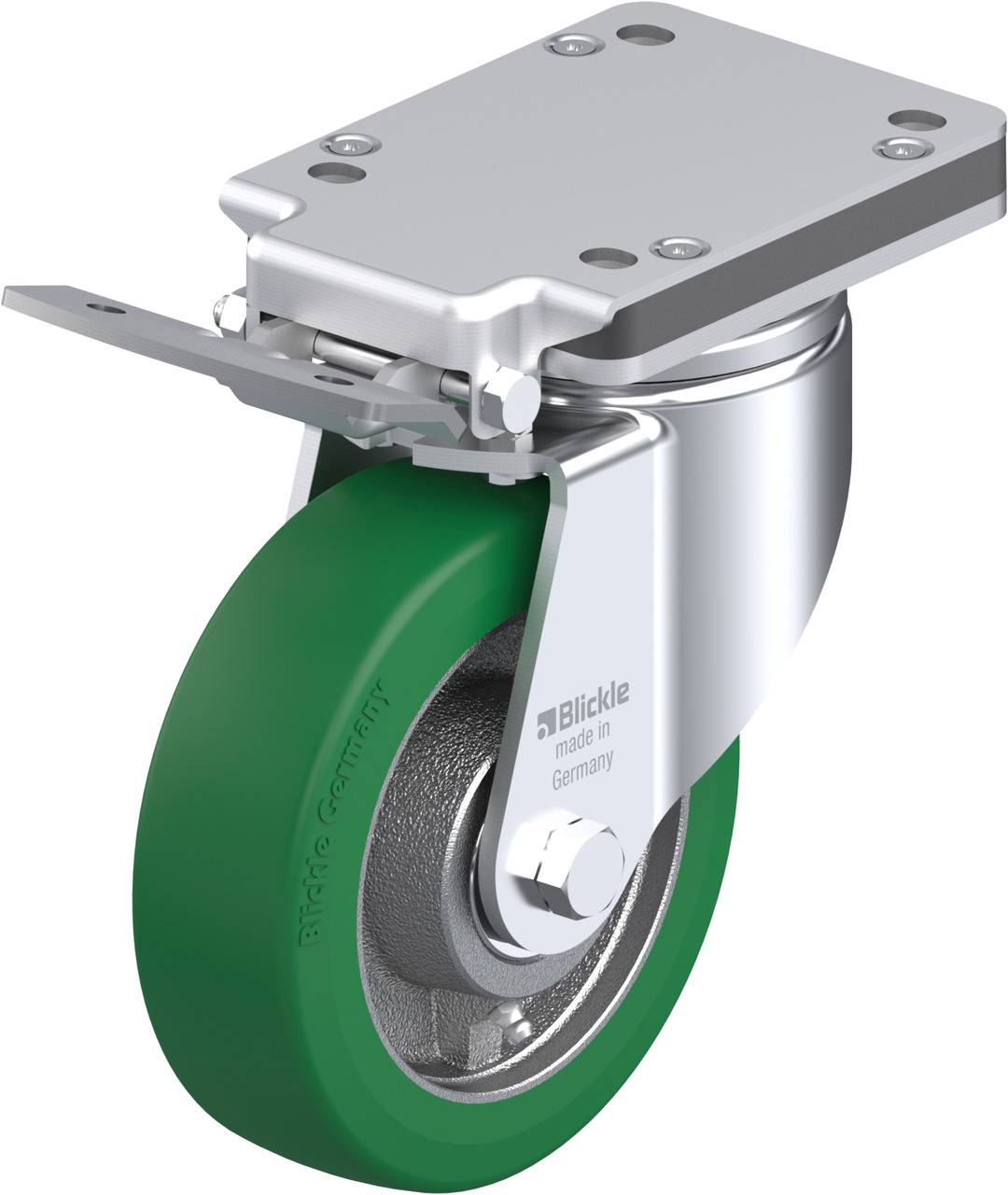 Industrie-Lenkrolle mit grünem Rad, silbernem Gehäuse und Befestigungsplatte, beschriftet mit 'Blickle made in Germany'.