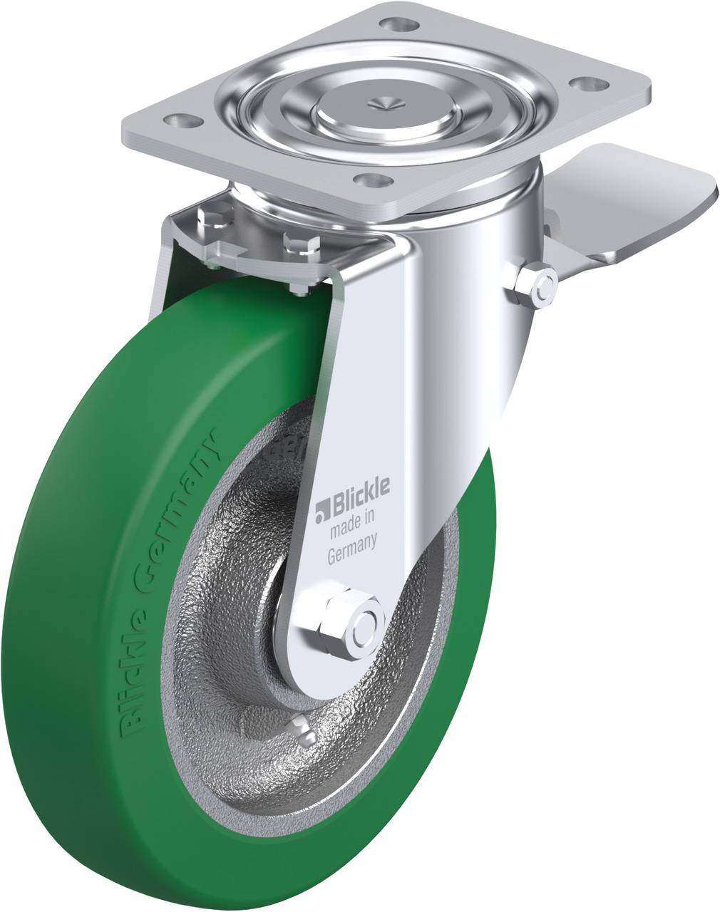 Schwenkrolle mit grünem Rad und silbernem Gehäuse, seitlich montiert. Aufschrift auf dem Rad: 'Blickle Germany'.