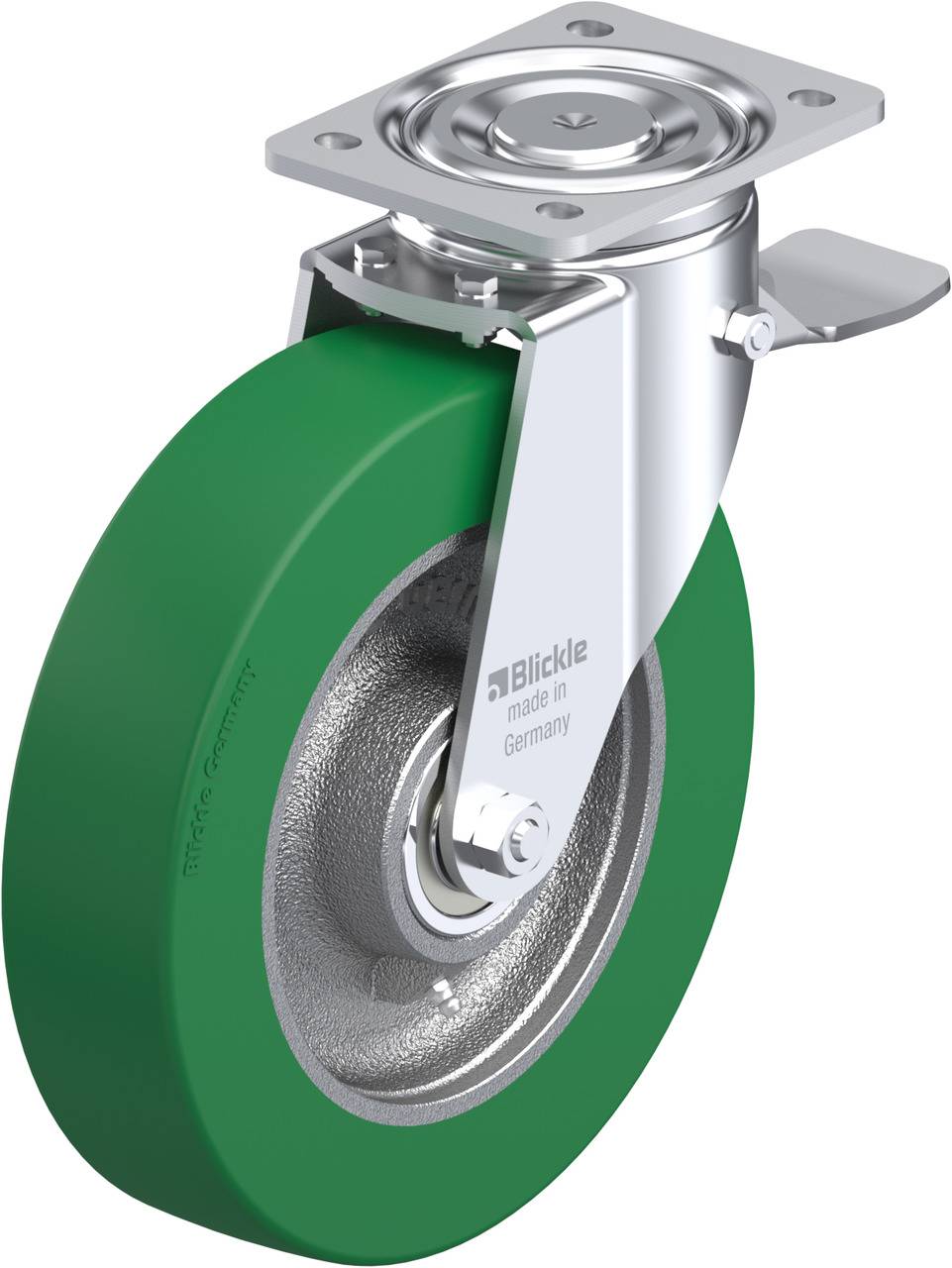 Das Bild zeigt ein grünes Rad mit einem silbernen Metallgehäuse, das als Lenkrolle dient und in Deutschland hergestellt wurde.