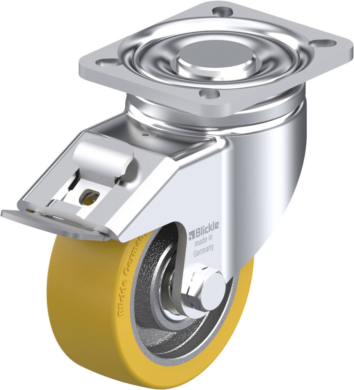 Schwenkrolle mit gelbem Rad und Metallhalterung, geeignet für industrielle Anwendungen. Markierung auf Halterung: 'made in Germany'.