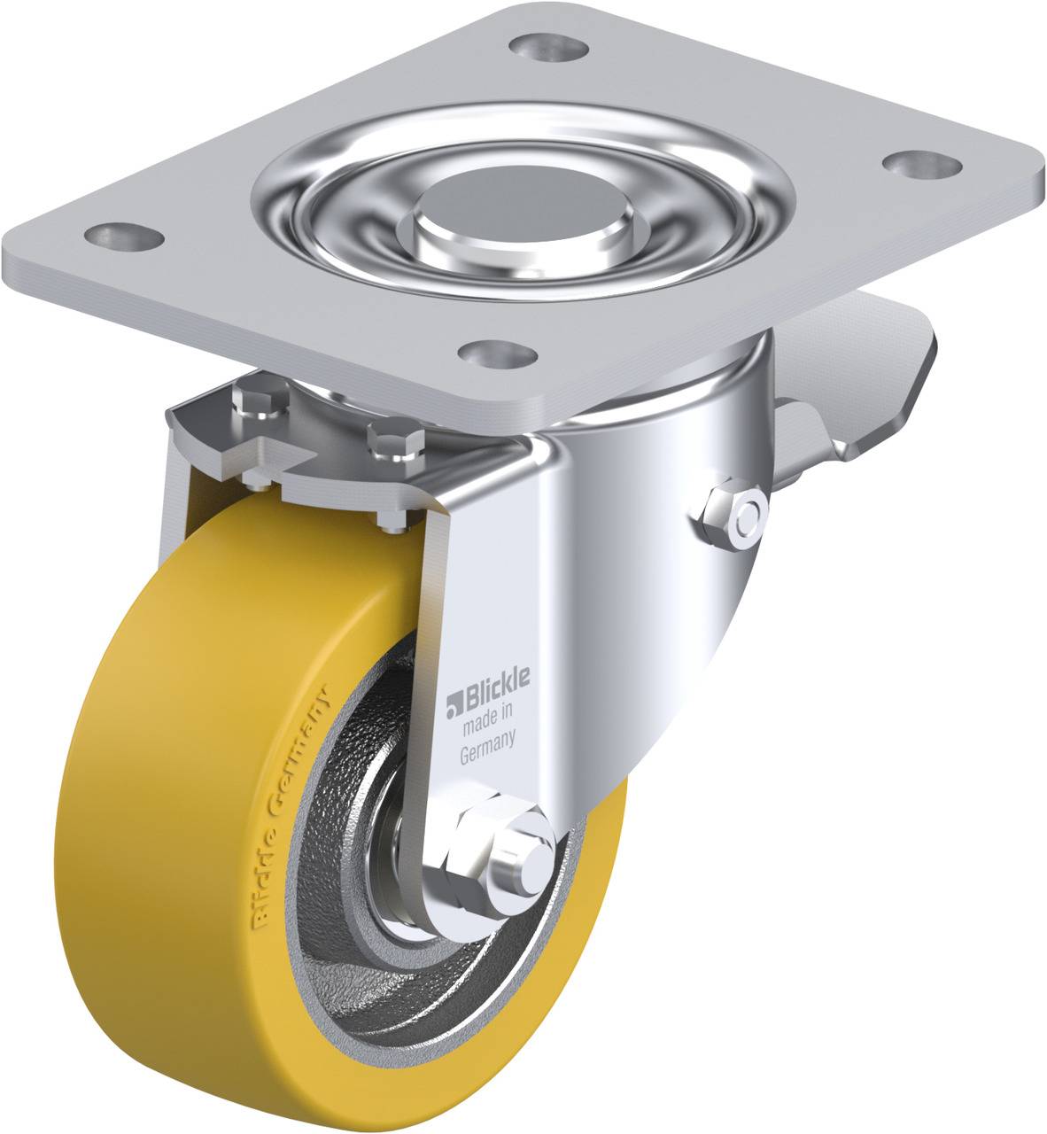 Industrie-Lenkrolle mit gelbem Rad, silbernem Gehäuse und Montageplatte. Geeignet für schweren Lastentransport auf flachen Oberflächen.
