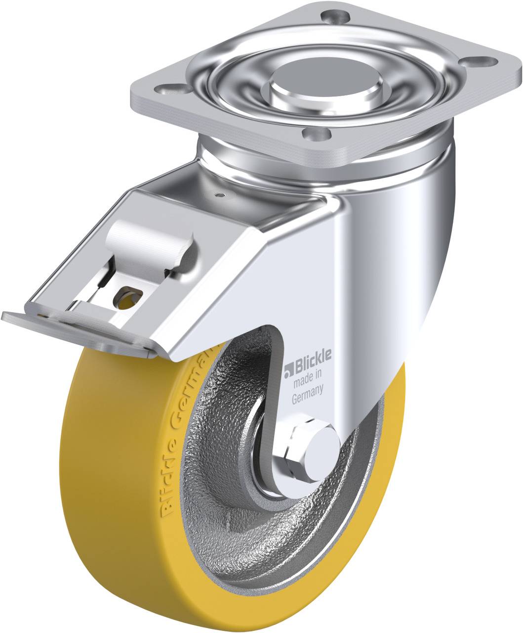Schwenkrolle mit gelbem Rad, silbernem Gehäuse und Befestigungsplatte, passend für Transportgeräte und Möbel.
