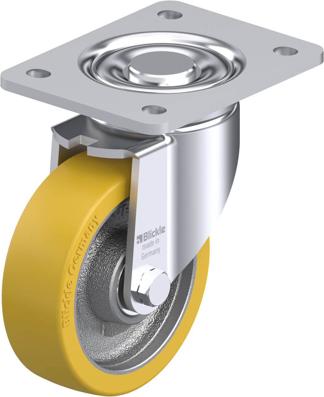 Ein feststellbares Rad mit gelbem Reifen und Metallgehäuse; geeignet für Transportgeräte oder Möbel, hergestellt in Deutschland.