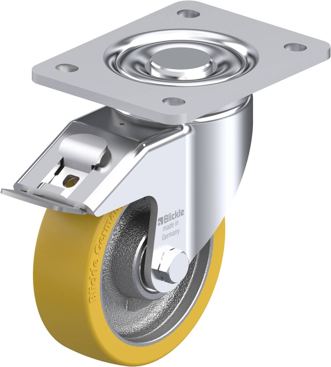 Ein gelbes Laufrollenrad mit Metallschwenkrahmen und Montageplatte, geeignet für den industriellen Einsatz.