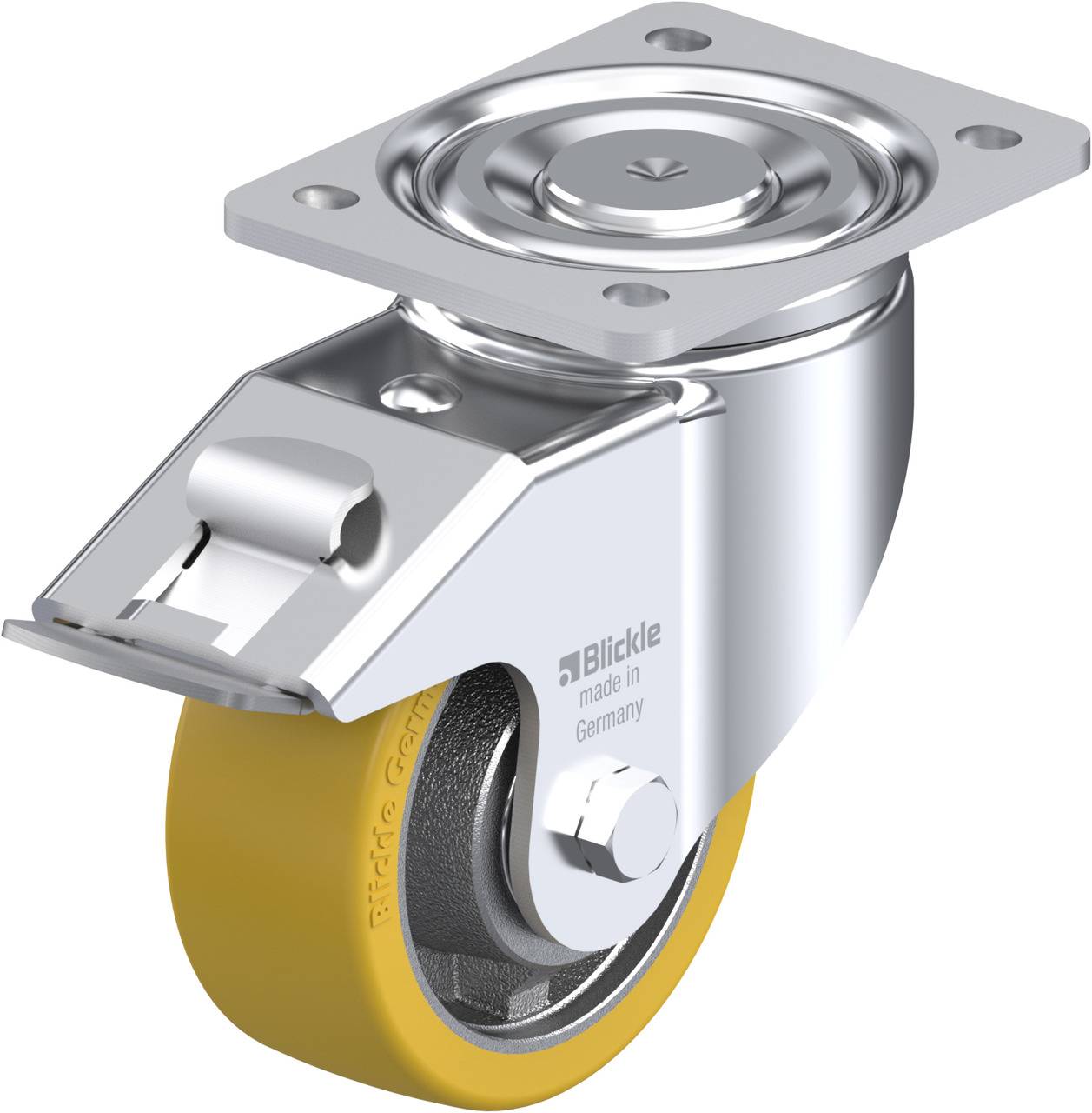 Metallrolle mit gelbem Rad, befestigt an einem rechteckigen Sockel mit Schraubenlöchern, geeignet für industrielle Anwendungen.