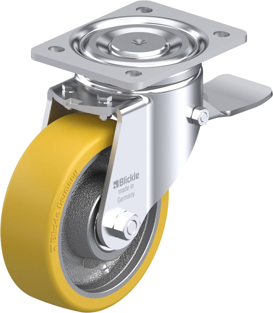 Schwenkrolle aus Metall mit gelbem Rad und Bremse, hergestellt in Deutschland von Blickle, geeignet für vielseitige Transportanwendungen.