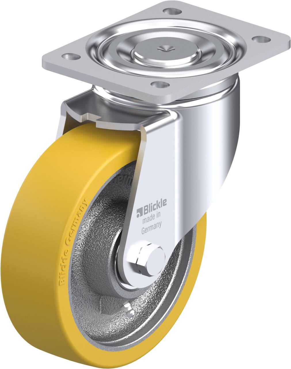 Metallrolle mit gelbem Rad, Schwenkmechanismus und Montageplatte, gekennzeichnet mit 'Blickle made in Germany'.