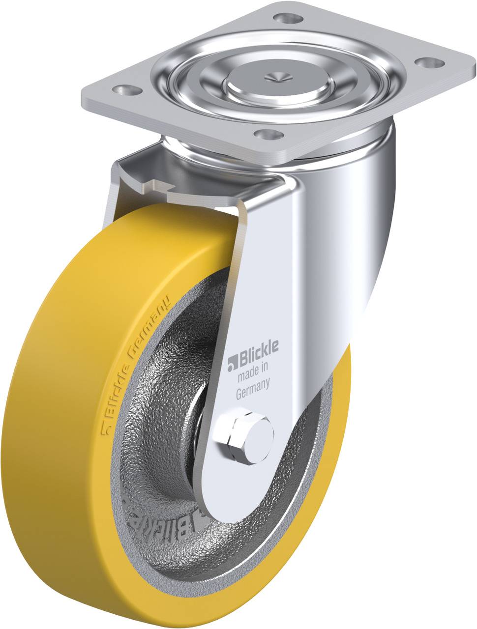 Gelbes Lenkrolle mit Metallgehäuse und Befestigungsplatte, geeignet für industrielle Anwendungen, hergestellt in Deutschland.