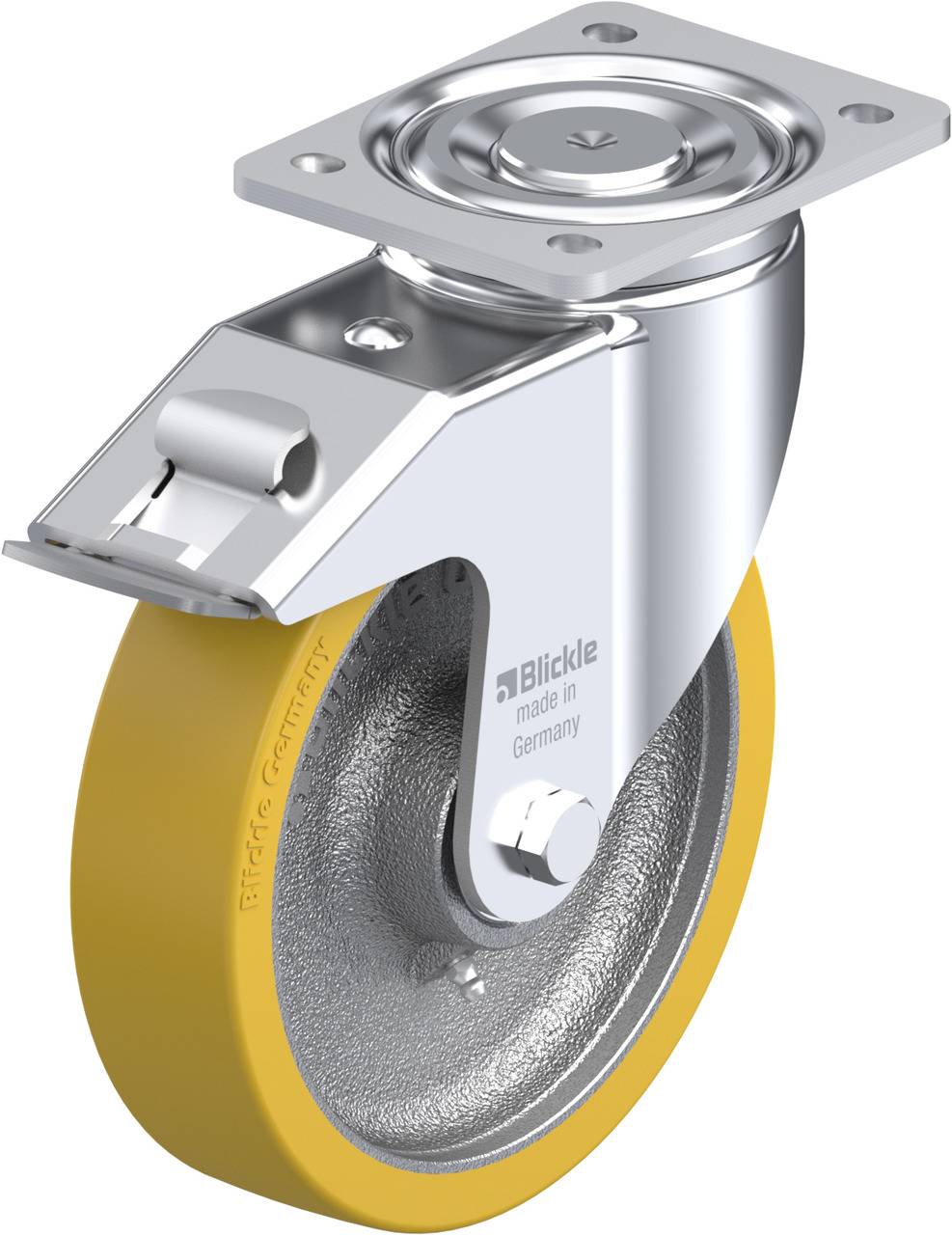 Ein silbernes, drehbares Industrierad mit gelbem Gummi, montiert an einer Metallplatte. Verwendet für Transport- oder Möbelrollen.