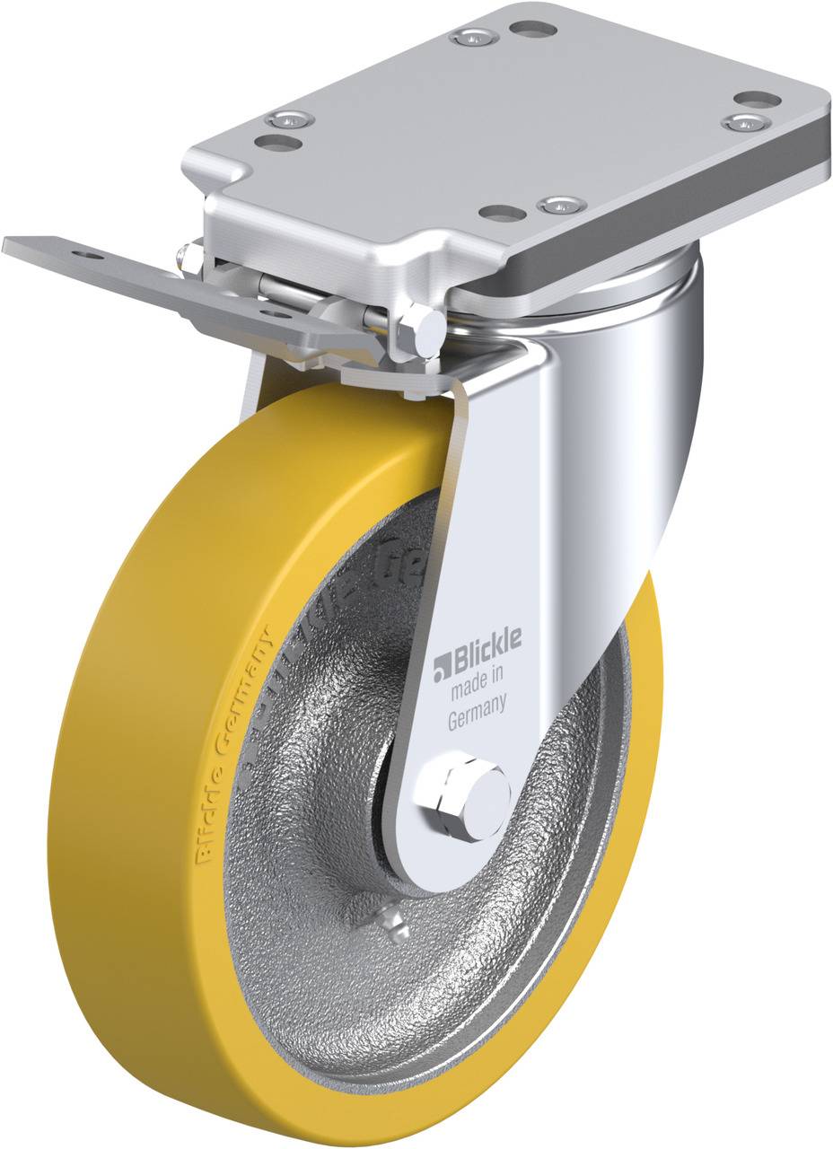 Ein gelbes Laufrollenrad mit metallischer Halterung von 'Blickle, made in Germany'.