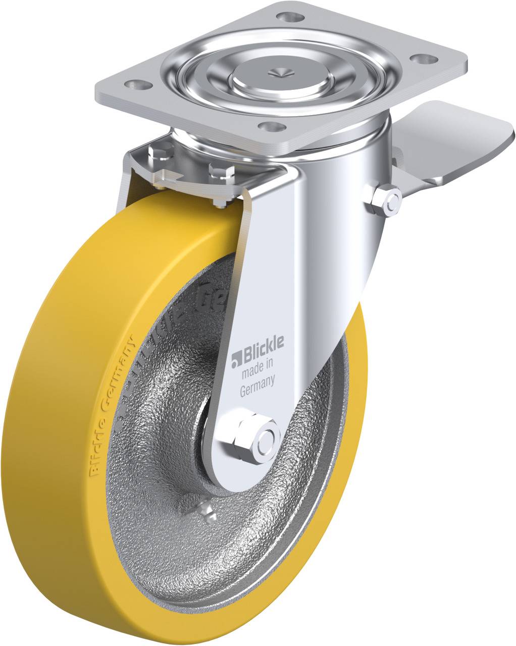 Schwenkrolle mit gelbem Rad und silbernem Gehäuse, Aufschrift 'Blickle made in Germany', geeignet für schwerlastigen Gebrauch.