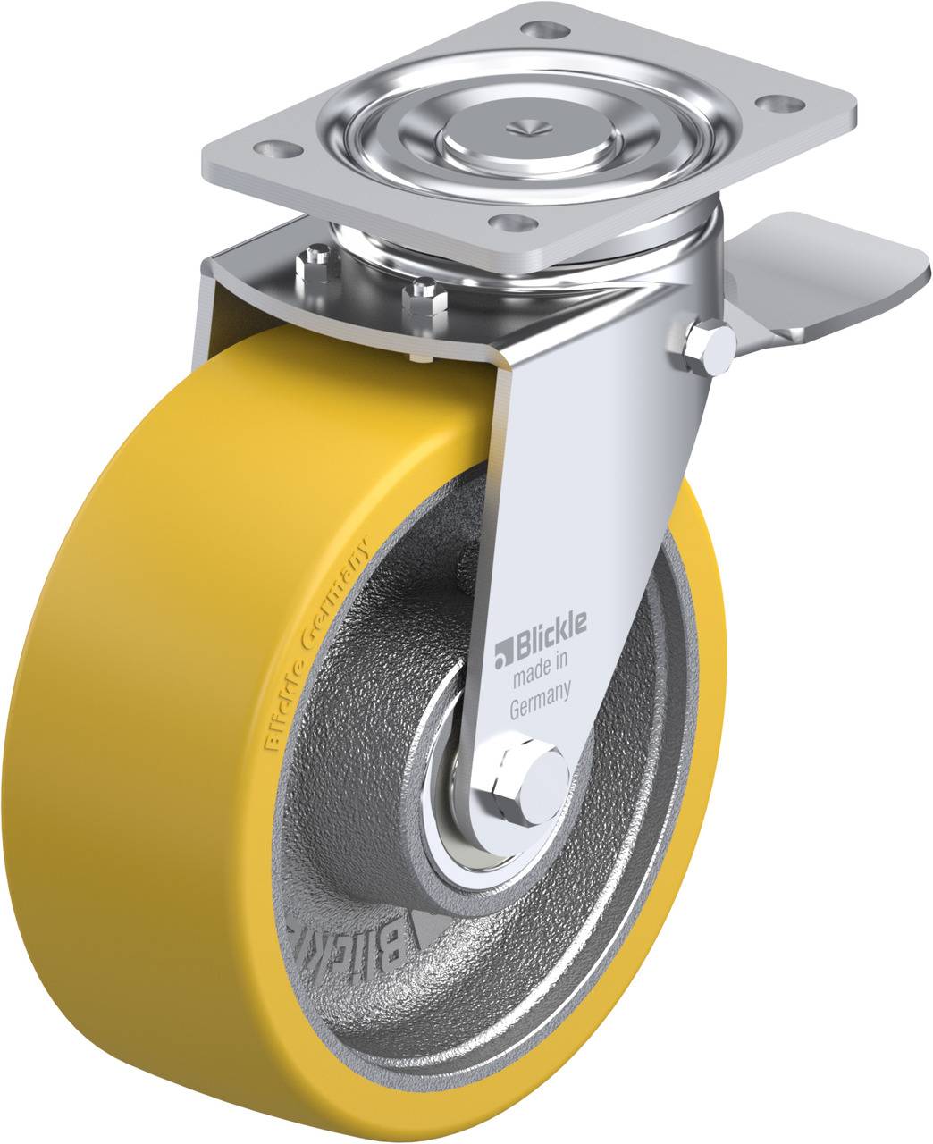 Ein gelbes Lenkrolle-System mit Metallgehäuse, hergestellt von Blickle in Deutschland. Geeignet für Wagen oder Industrieausrüstungen.