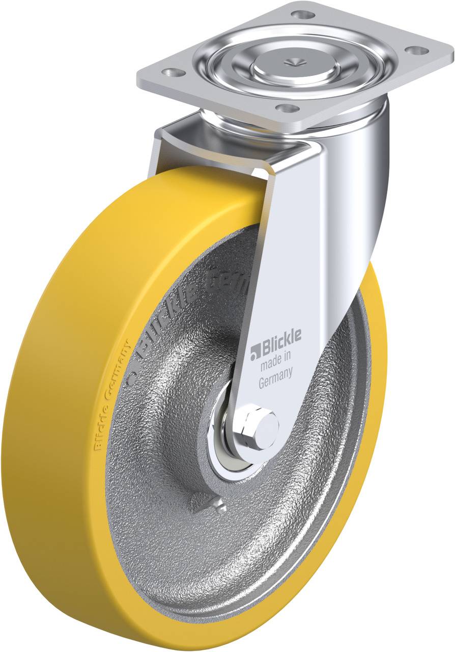 Industrie-Schwenkrolle aus Metall mit gelbem Rad und der Aufschrift 'Blickle made in Germany'.