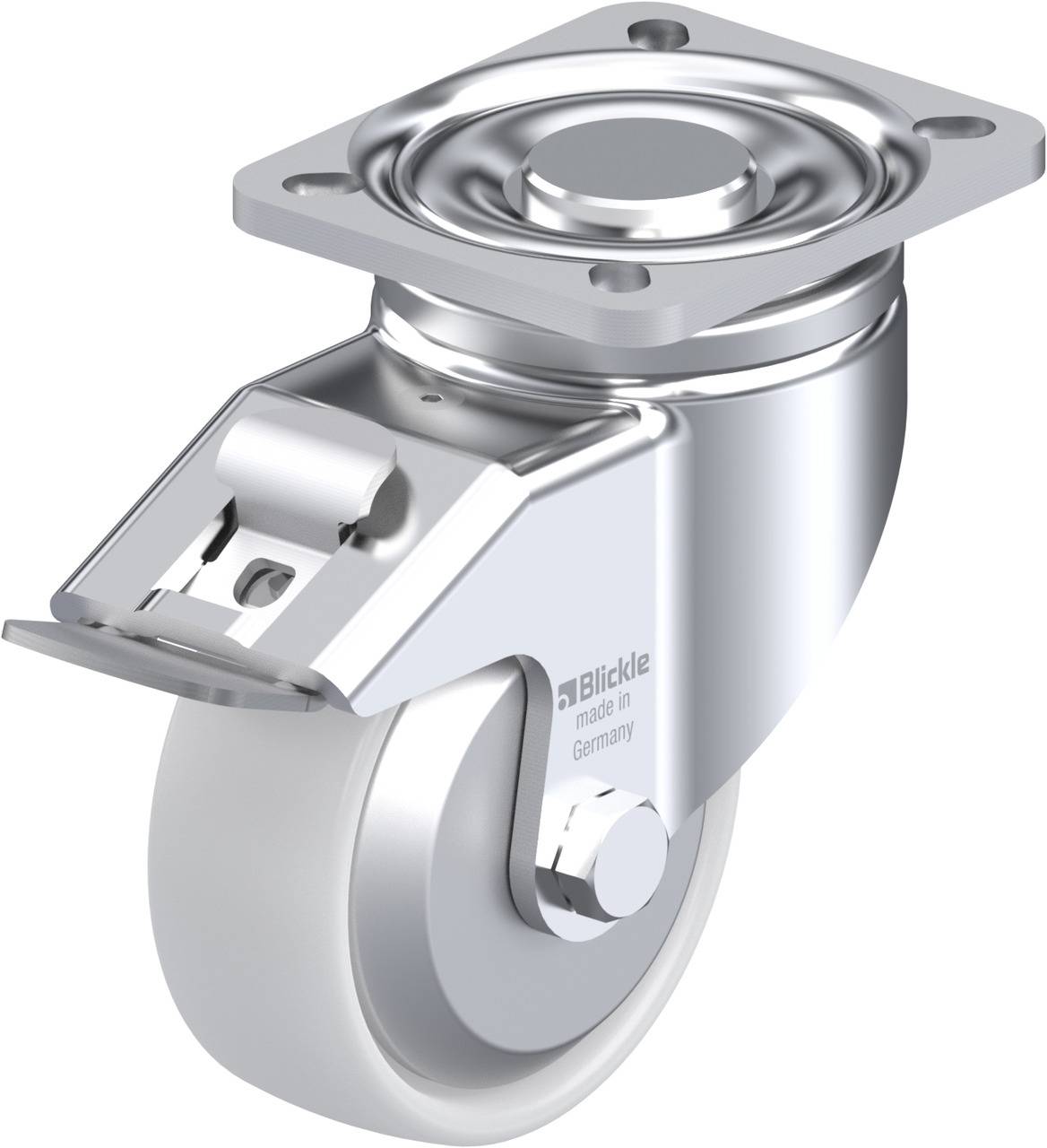 Ein drehbares Lenkrollenrad aus Metall mit einer Halterung und einer grauen Gummibereifung, geeignet für Möbel oder Geräte.