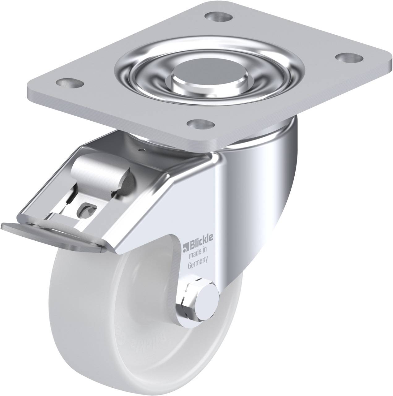 Lenkrolle mit grauem Rad und Metallplatte; Radlager aus Edelstahl; für den Einsatz an Möbeln oder Geräten.