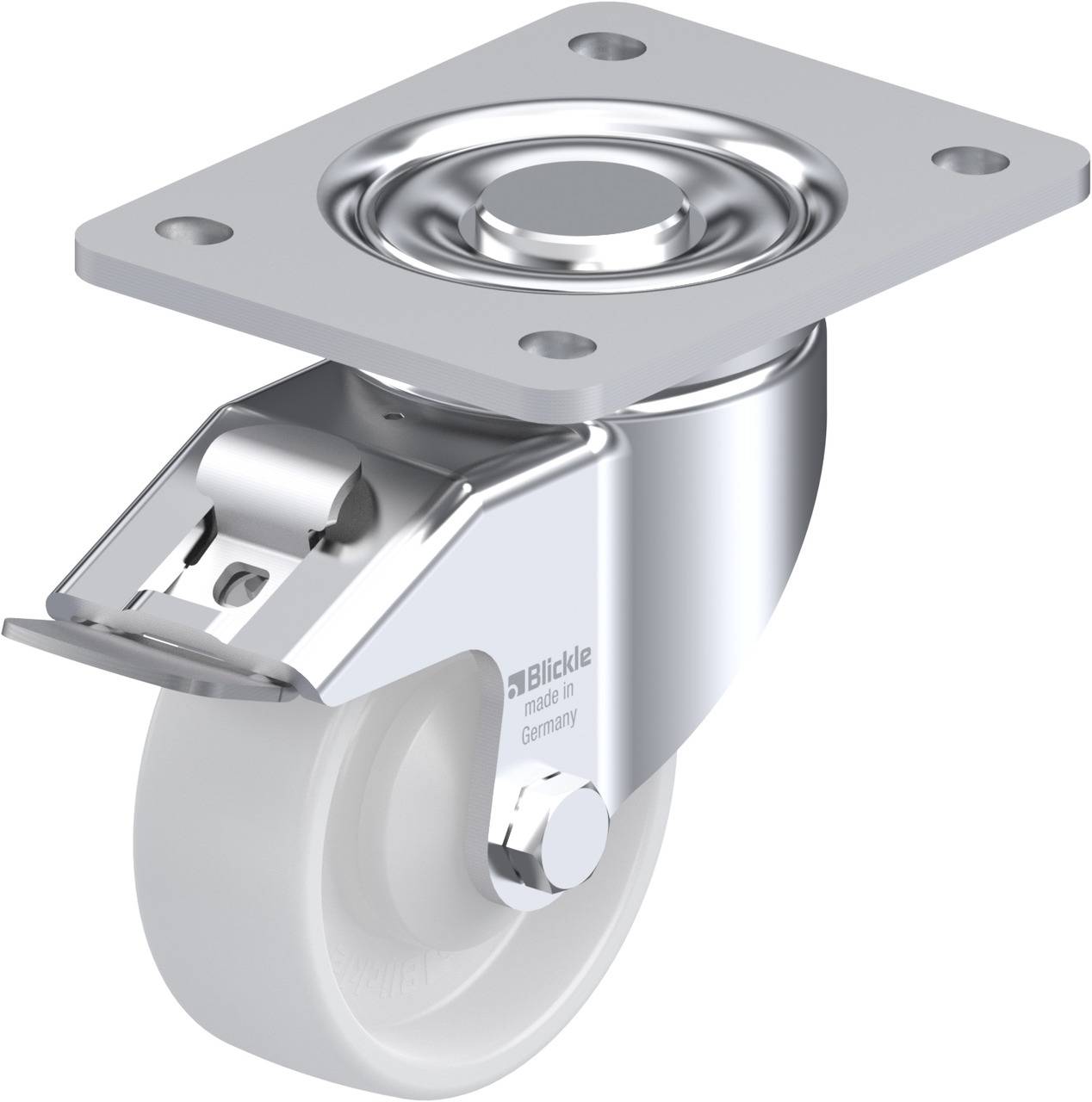 Metallrolle mit Halterung, drehbar, Gehäuse aus glänzendem Metall, befestigt an quadratischer Grundplatte. Hergestellt in Deutschland.