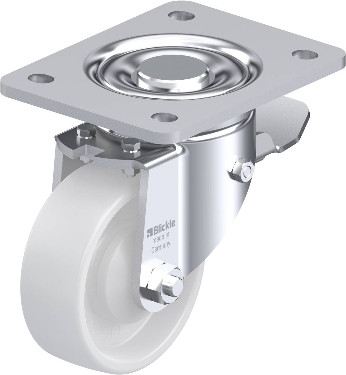 Lenkrolle mit flacher Metallplatte, weißem Kunststoffrad und silbernem Gehäuse, Markenname 'Blickle' auf der Halterung.