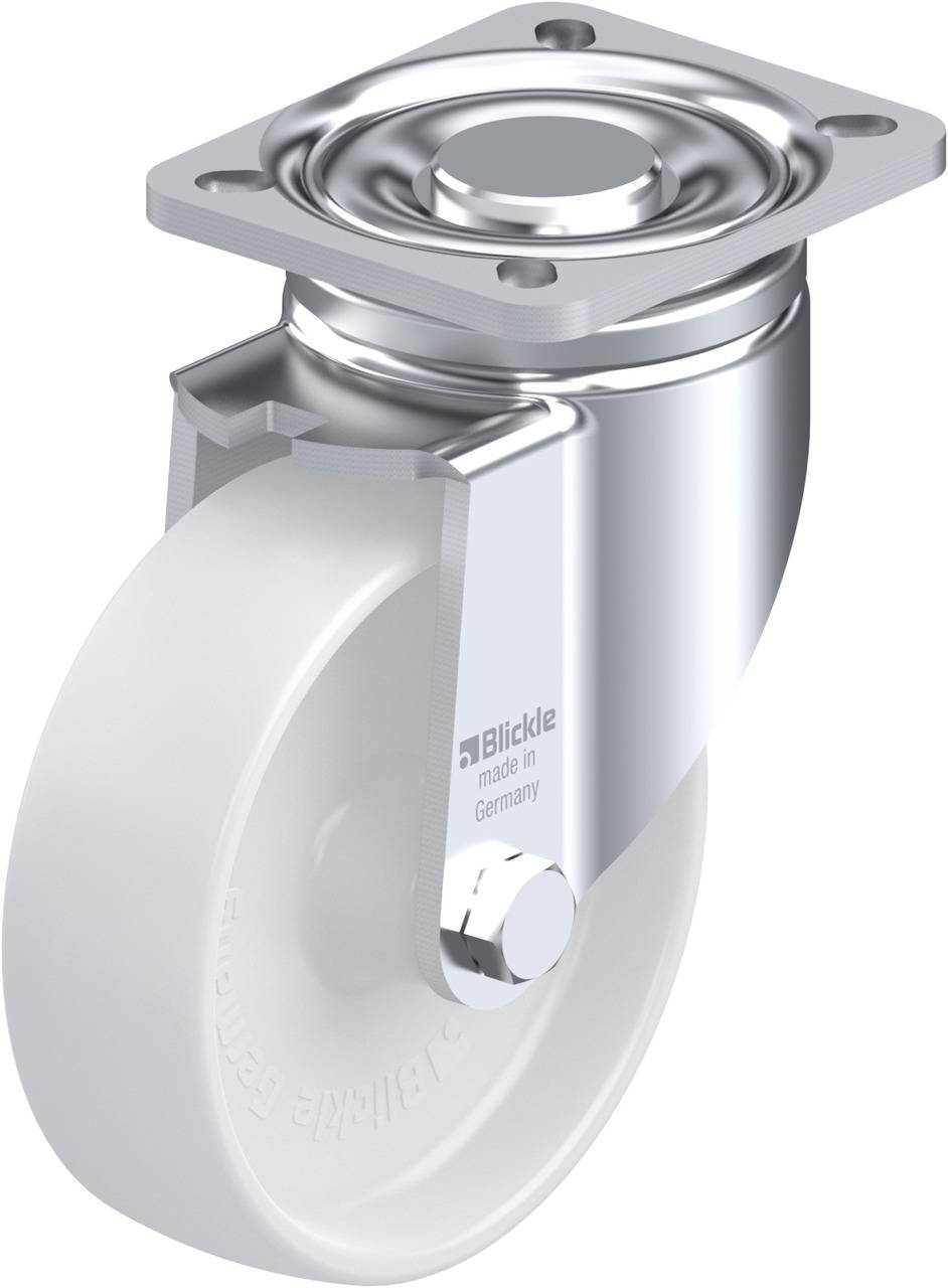 Schwenkrolle mit weißem Rad und Metallgehäuse. Geeignet für Möbel und Transportwagen. Marke 'Blickle', hergestellt in Deutschland.