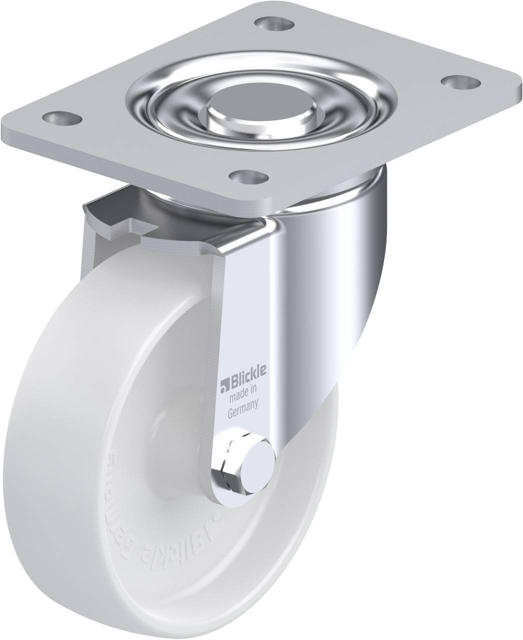 Schwenkrolle mit grauem Rad und silberner Befestigungsplatte, Aufschrift 'Blickle, Made in Germany' auf der Seite der Rolle.