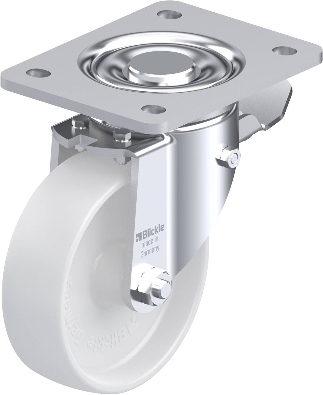 Metallenes Lenkrolle mit weißem Rad, Montagesockel oben. Geeignet für Transportgeräte und Werkstattwagen. Hersteller 'Blickle'.