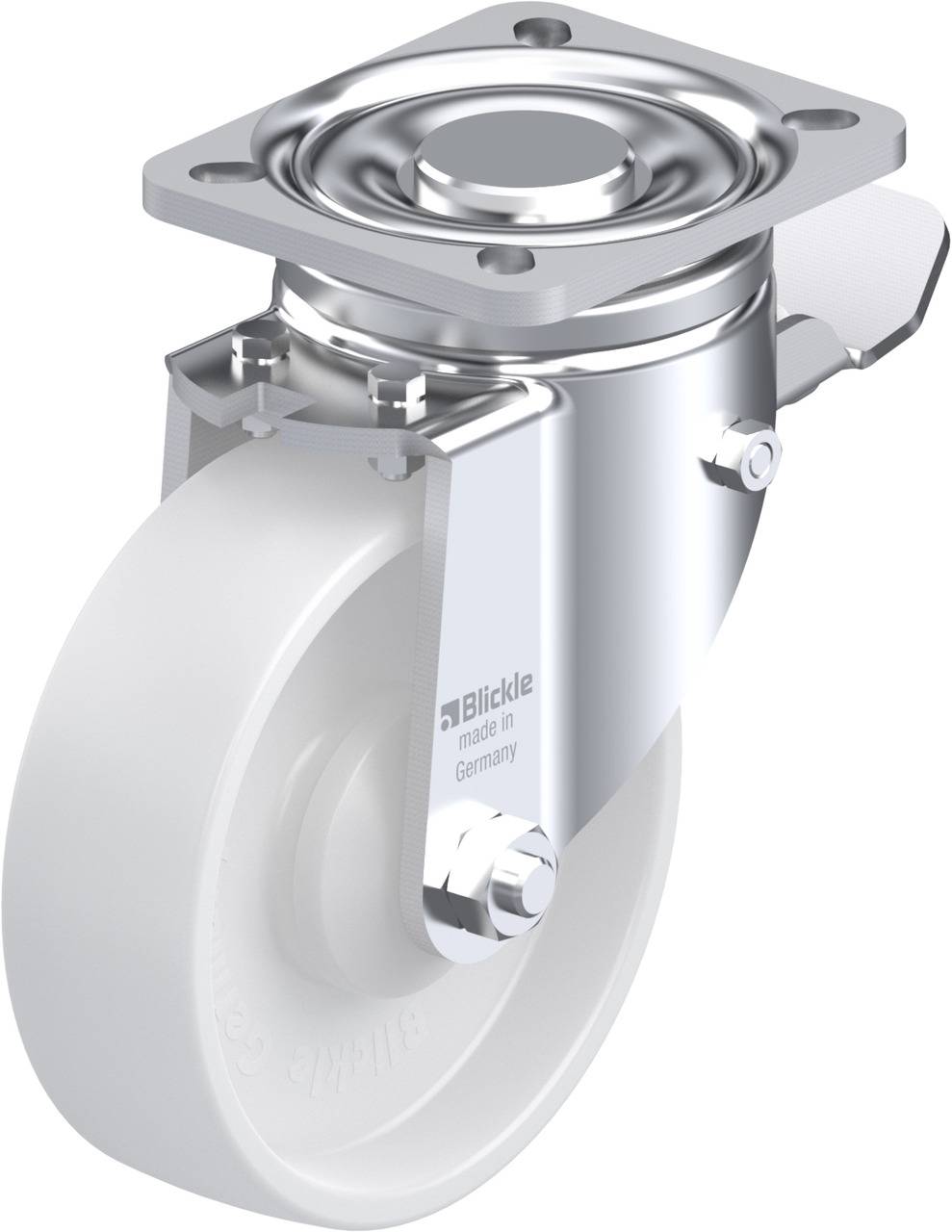 Schwenkrolle mit Metallgehäuse und weißem Rad, geeignet für industrielle Anwendungen. Robust, mit 360-Grad-Drehmechanismus.