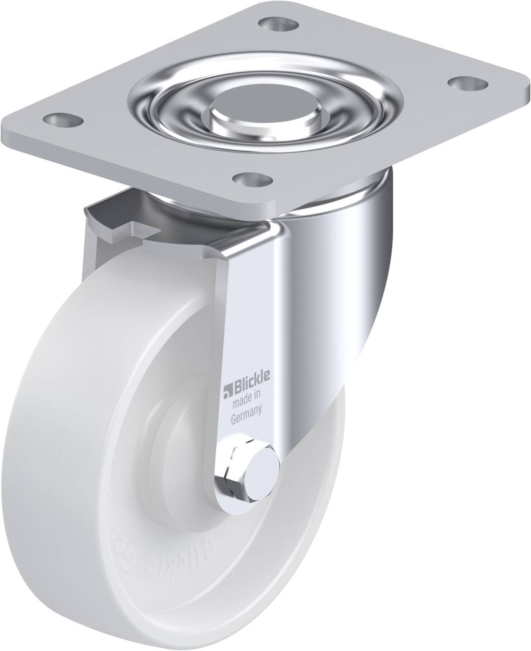 Metall-Schwenkrolle mit weißem Rad, rechteckiger Montageplatte und einstellbarem Drehmechanismus.