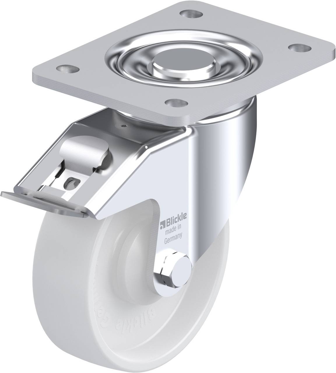 Rolle mit Metallgehäuse und weißem Kunststoffrad. Befestigungsplatte oben. Design für Möbel oder Industrieanwendungen.