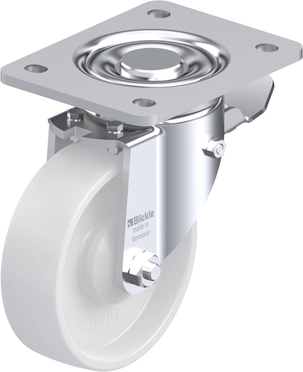 Schwenkbare Rolle mit grauem Rad und glänzendem Metallgehäuse, geeignet für schwere Lasten, auf einer grauen Basis montiert.